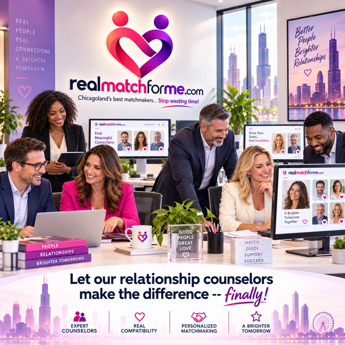The RealMatchForMe team reviewing member compatibility results together in a Chicago office, with the city skyline behind them.